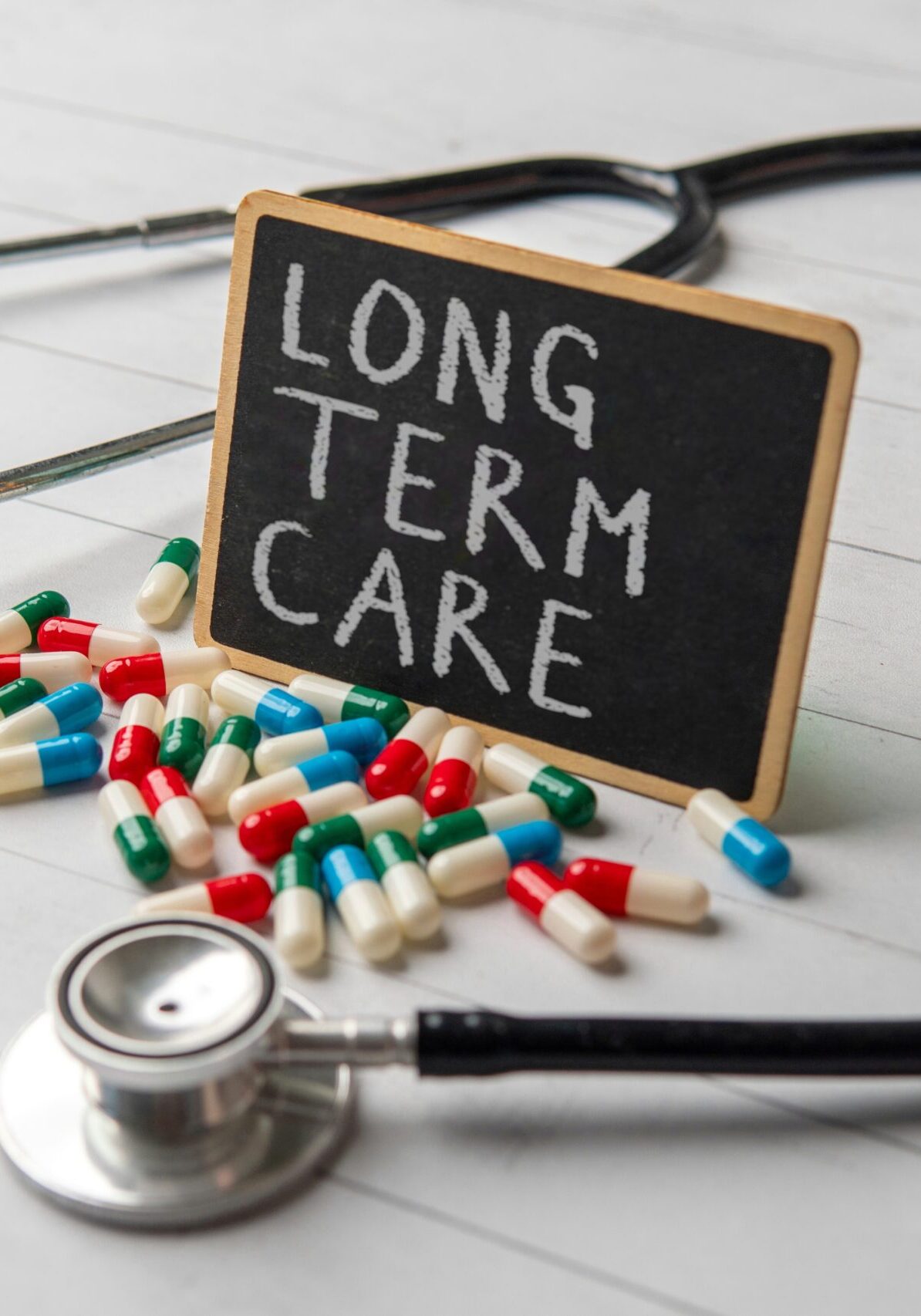 Medical care essentials on wooden surface